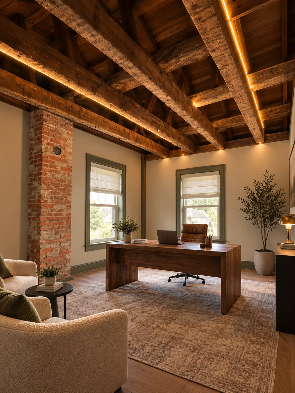 Concept rendering of a private office suite with exposed wooden ceiling beams